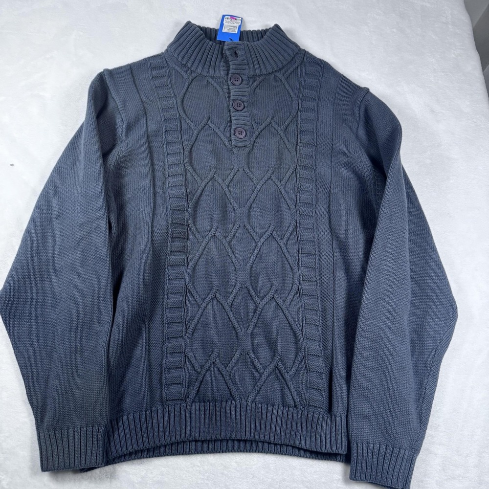 Gioberti Sweater Mens Large Gray 3 Button Knit Pullover Cable Collar Charcoal‎